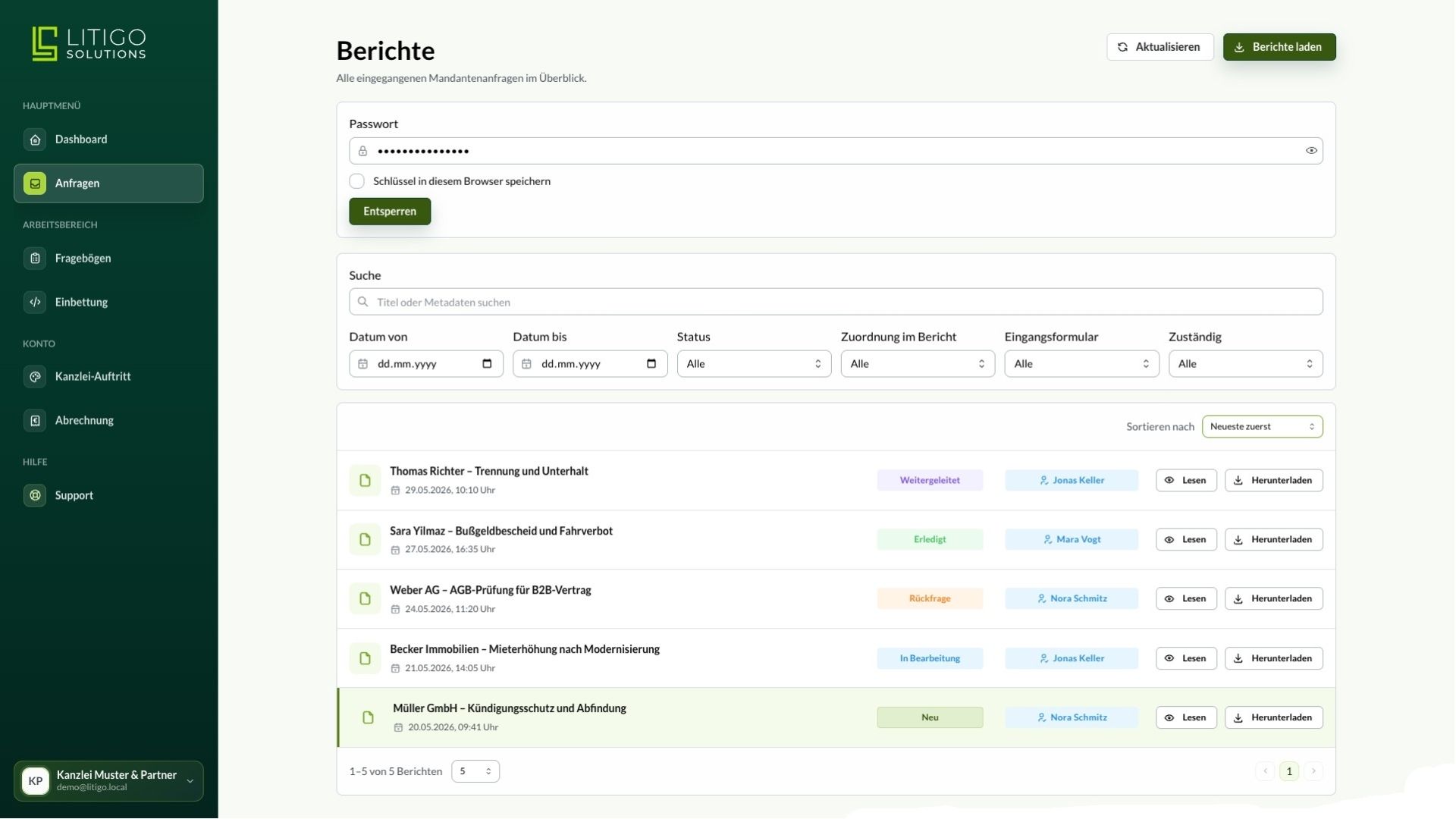 Litigo Kanzlei-Dashboard mit eingegangenen Mandatsanfragen